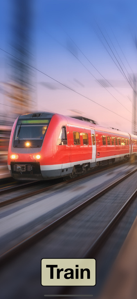 Sound Touch Lite: Flash Cards - Tarjeta educativa que muestra una foto real de un tren rojo en movimiento con la palabra Tren debajo.