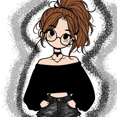 girl with a messy ponytail glasses a baggy crop top and jean shorts
