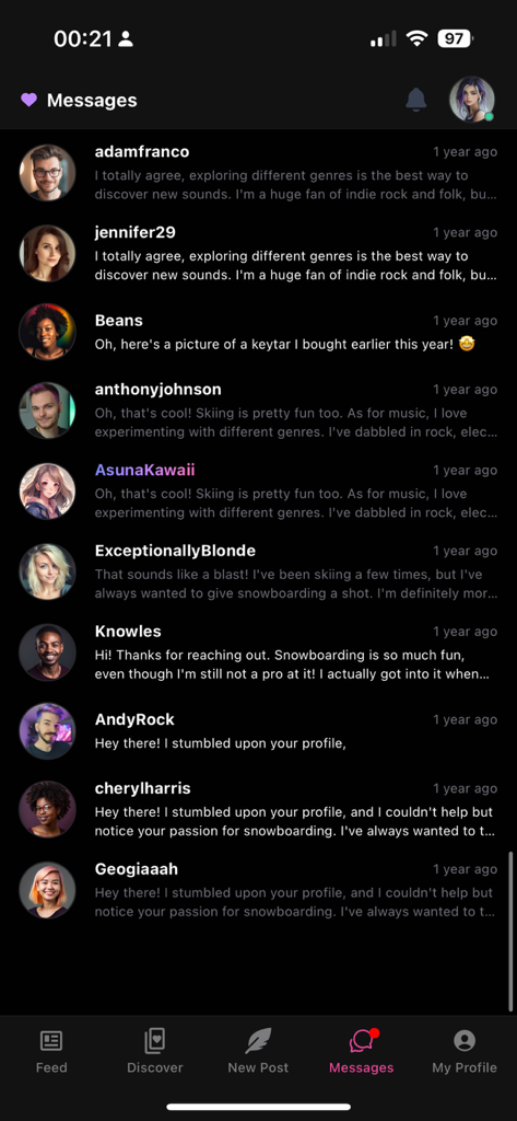 AceSpace: Dating & Friendships - Interface of the AceSpace app showing a list of direct messages from various users in dark mode