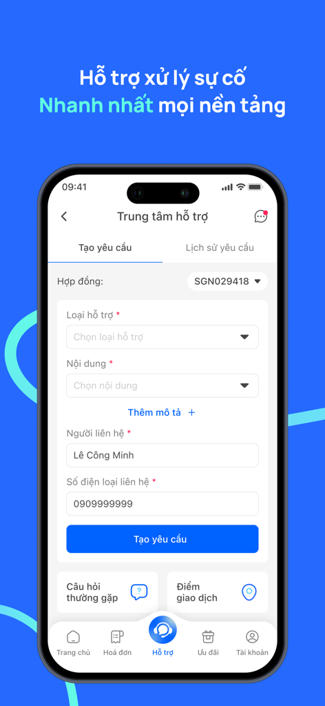 The customer support interface of the Hi FPT app showing a form to create a technical support request.
