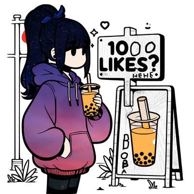 girl with oversized hoodie drinking boba and she has a high ponytail with a sign that says 10likes?