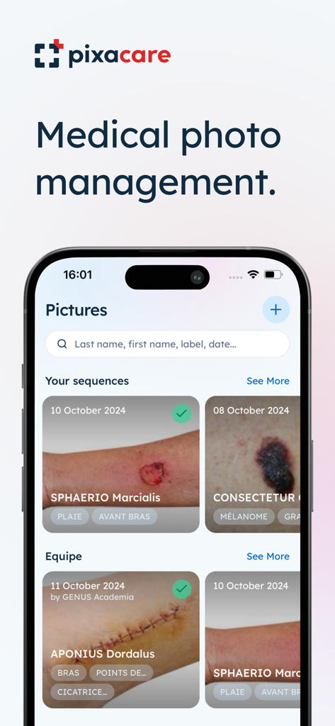 Pixacare - Pixacare app interface showing medical photo management with patient sequences and wound tracking