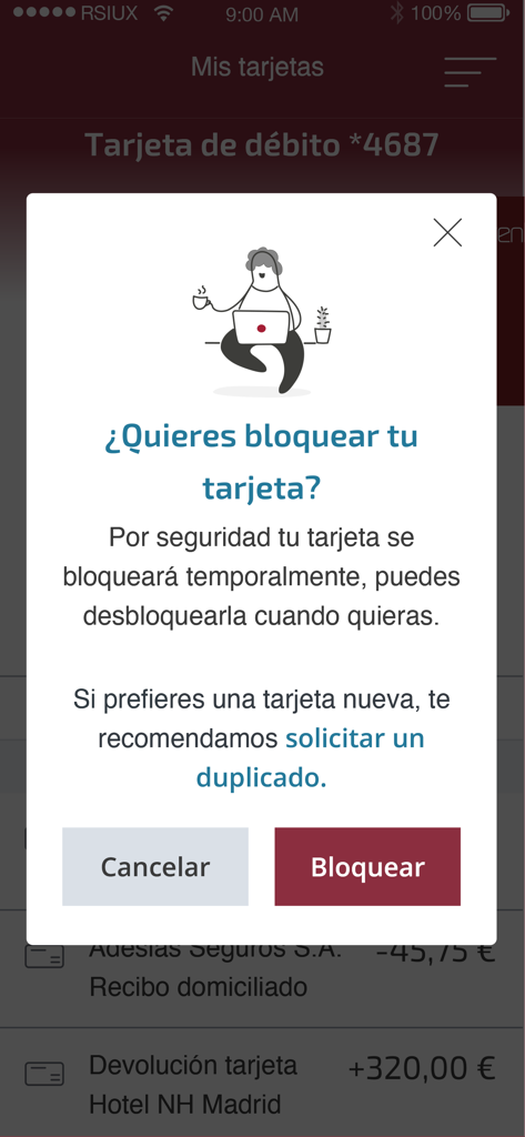 Renta 4 Pay - Ventana emergente de la aplicación Renta 4 Pay pidiendo confirmar el bloqueo de una tarjeta de débito por seguridad