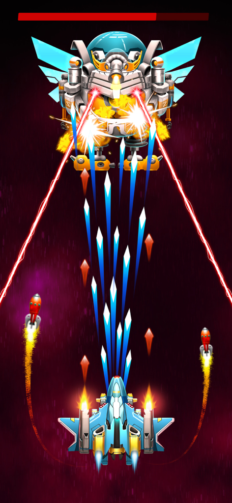 Galaxy Attack: Alien Invaders - Blue fighter ship shooting at a giant mechanical alien boss in Galaxy Attack