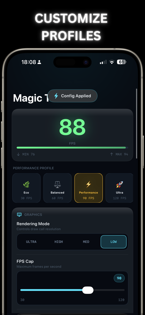 Magic Tuner: 120 FPS & Lag Fix - Magic Tuner app interface showing options to customize performance profiles and FPS cap