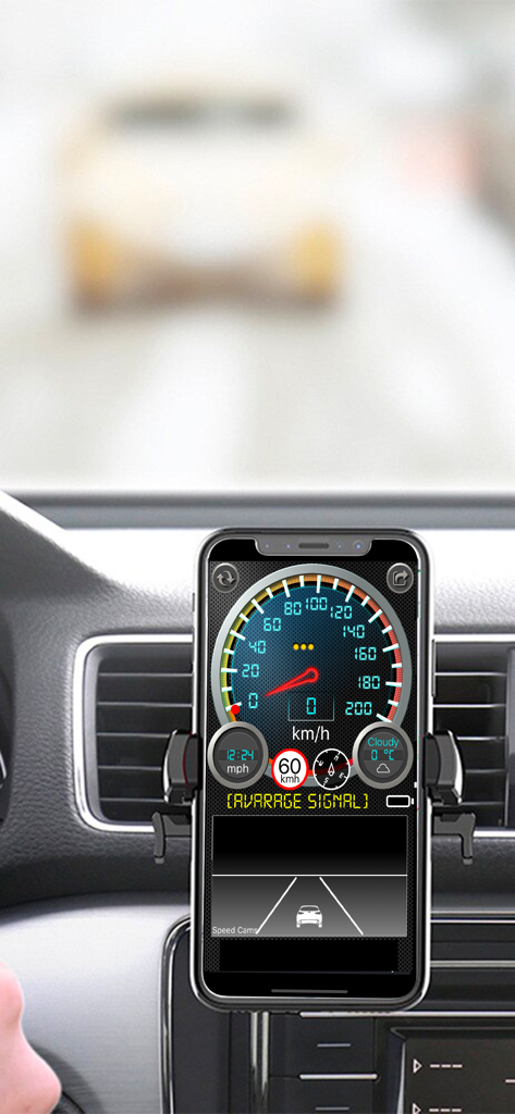 Smartphone displaying the Speedmeter Plus app on a car dashboard mount showing current speed and road alerts