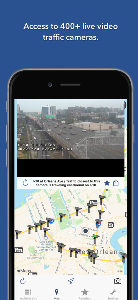 Louisiana State Roads app interface showing a live video feed of I-10 traffic and a map with camera icons in New Orleans