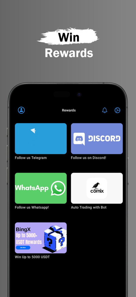 Rewards screen of Pro Crypto Signals app showing links for Telegram Discord and USDT rewards