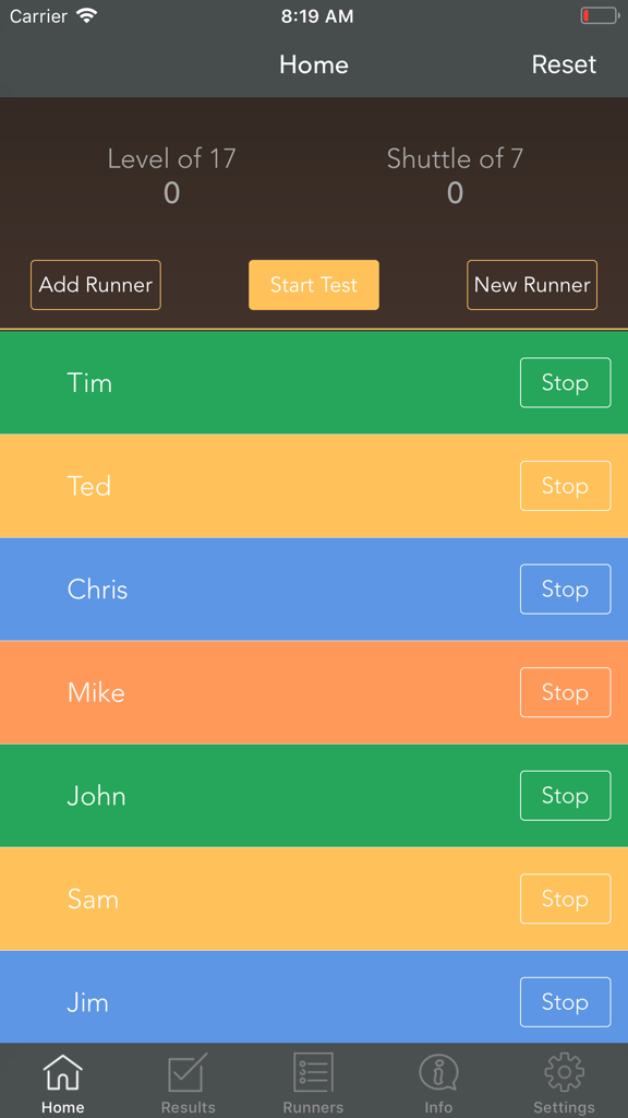 Multi Stage VO2 max Beep Test - Beep test app screen with a list of runners and a start button.