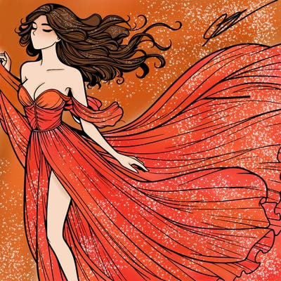realistic woman in dress flowing the the wind