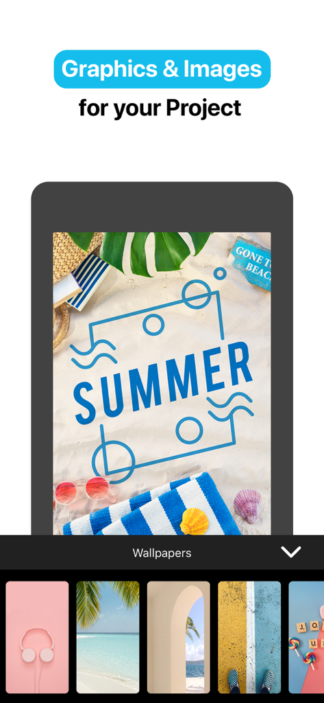 Create Flyers & Logos - Maker - Graphic design app displaying a summer flyer template and a library of professional wallpaper images