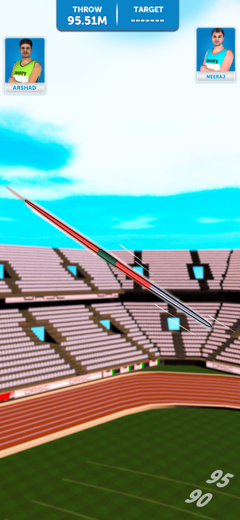 Javelin Throw: Athletics Champ - Gameplay of Javelin Throw Athletics Champ showing a spear flying through a stadium