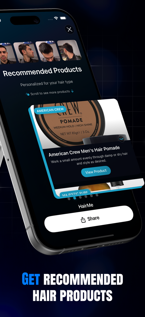 HairMe: Hairstyle AI Scanner - HairMe app interface showing personalized hair product recommendations for men like pomade