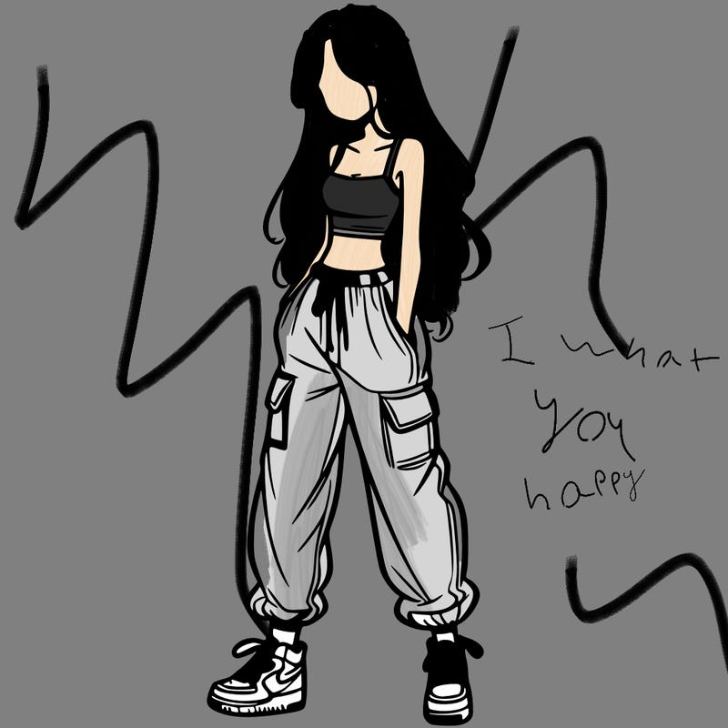 girl in baggy pants crop top and long hair