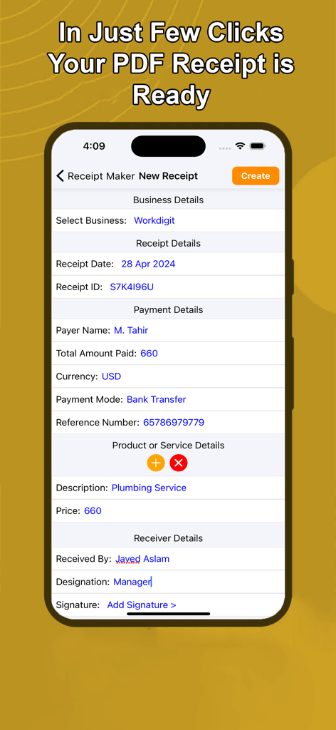 Receipt Maker:Sign Send, Print - Professional digital receipt creation screen with payment and service details for a plumbing job
