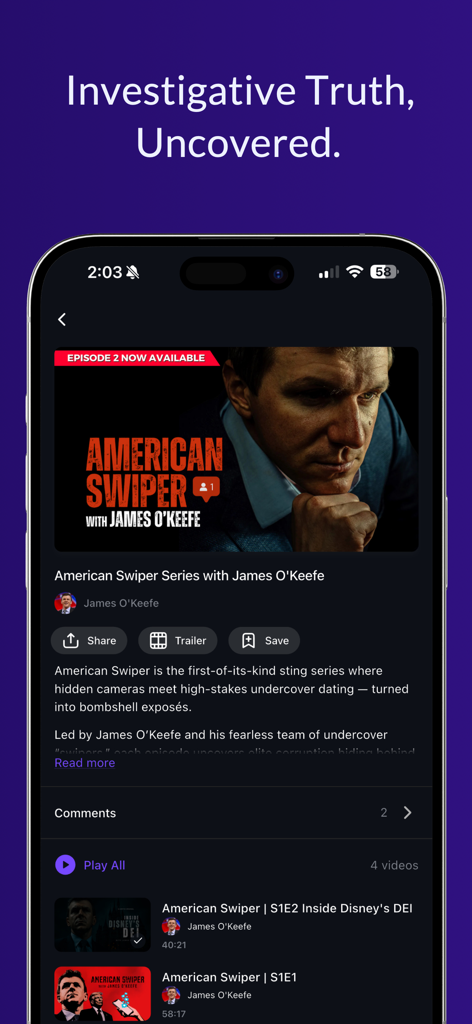 UNIFYD TV - UNIFYD TV app interface showing an investigative documentary series by James O'Keefe