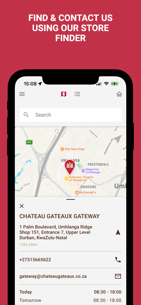 Chateau Gateaux app store finder screen showing map and store contact details