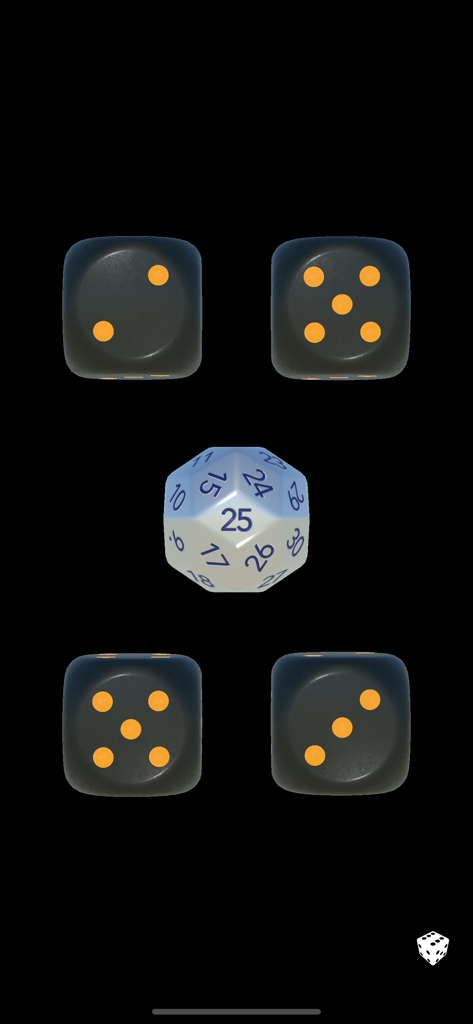 Dice Dice - 3D-Würfelroller-Oberfläche mit schwarzem W6 und weißen mehrseitigen Würfeln