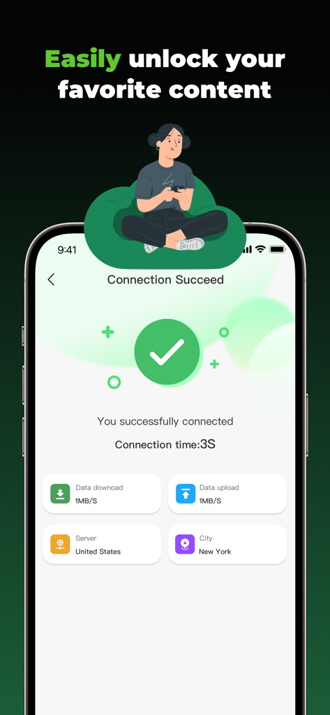 Un display dello smartphone che mostra una connessione VPN PaperFly riuscita a un server a New York, USA, con metriche di velocità di download e upload.