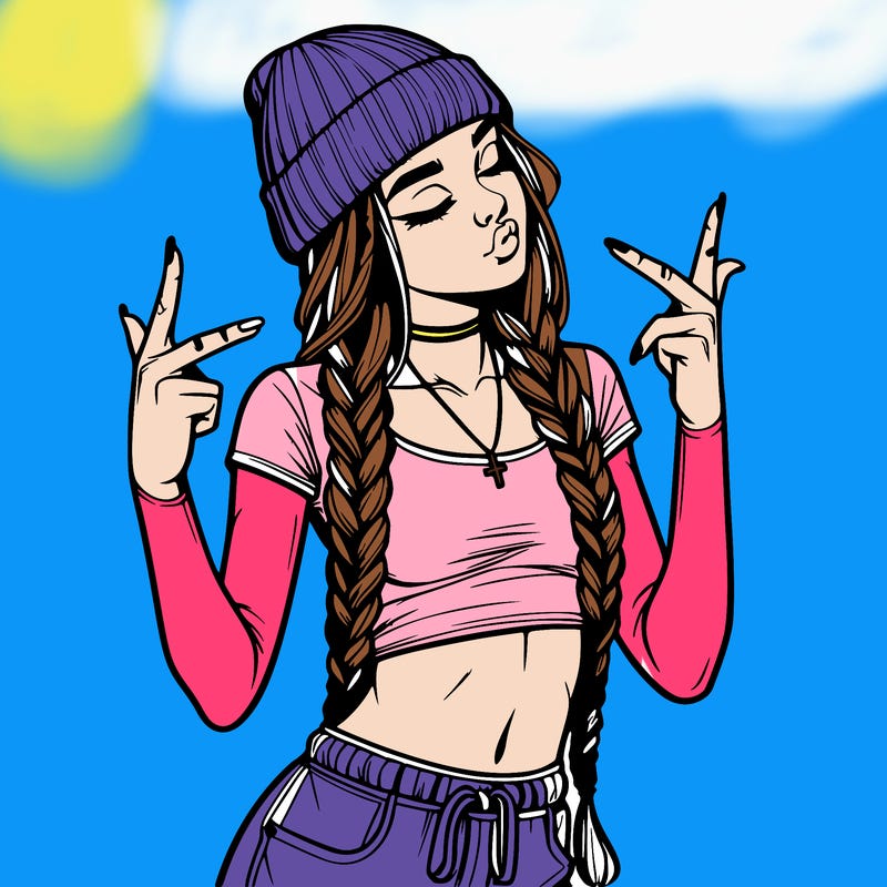 realistic teenage girl with braids and a beanie and crop top doing 🫶🏼