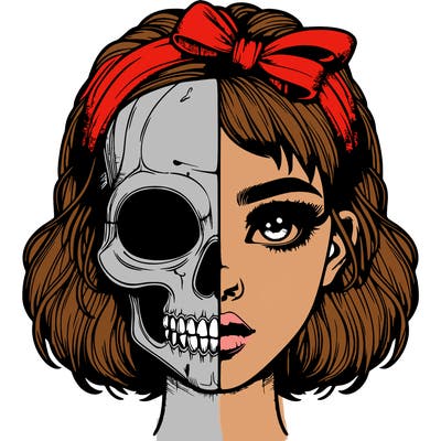 realistic girl with half skull mask
