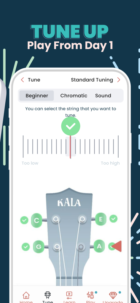 Ukulele Tuner & Lessons: Kala - Interfaz de la aplicación Kala Ukulele que muestra el afinador digital para principiantes