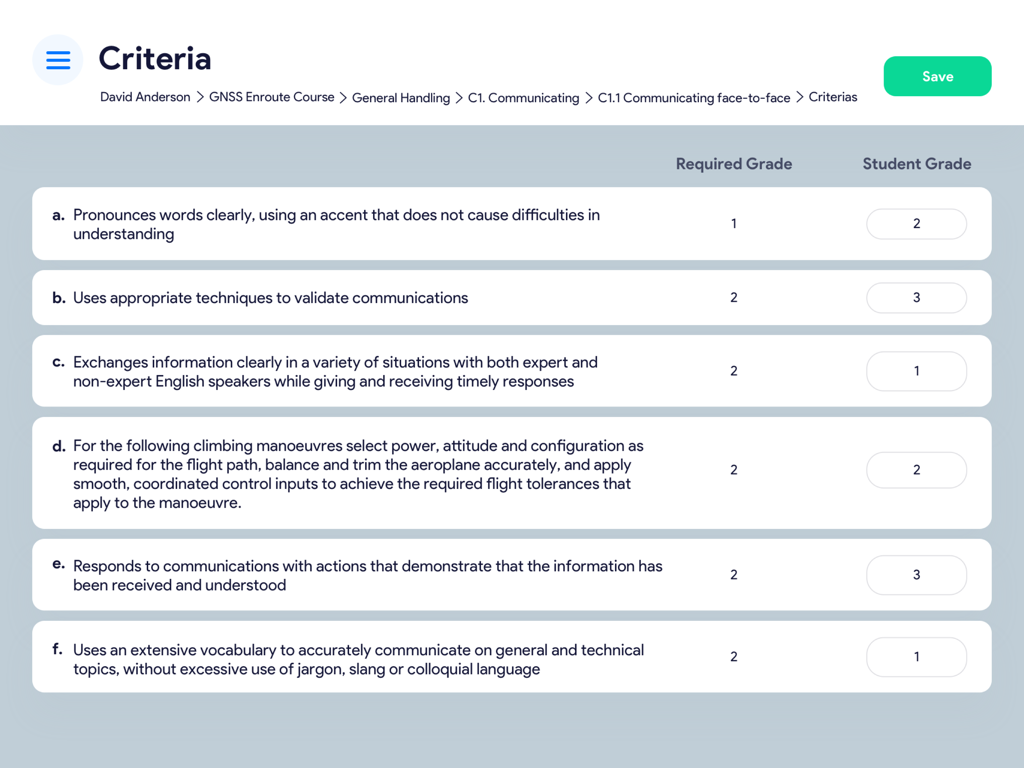 Check and Train iPad app student evaluation screen with performance criteria and grading columns
