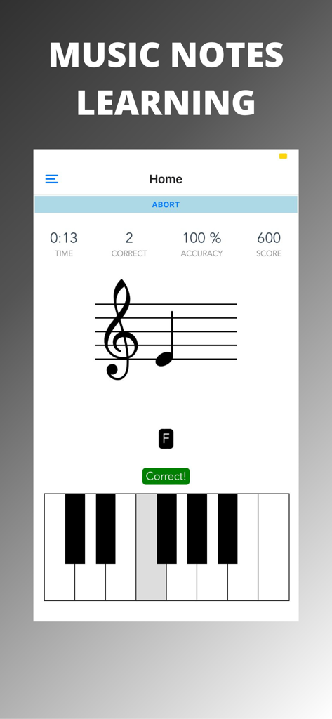 Music Notes Learning App - Music notes learning app quiz screen with piano keyboard and musical notation