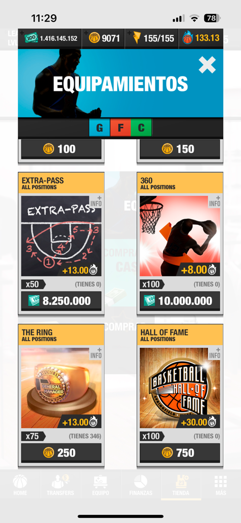 Basketball Game Manager 24 - Basketball Game Manager 24 in-game store showing equipment items like Extra Pass and Hall of Fame for purchase