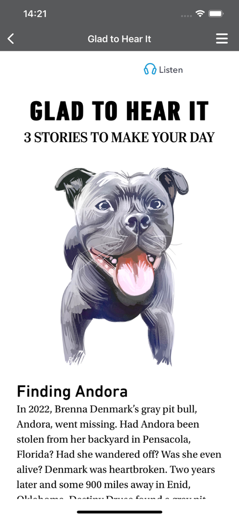 An article from the Readers Digest app titled Glad to Hear It featuring a dog