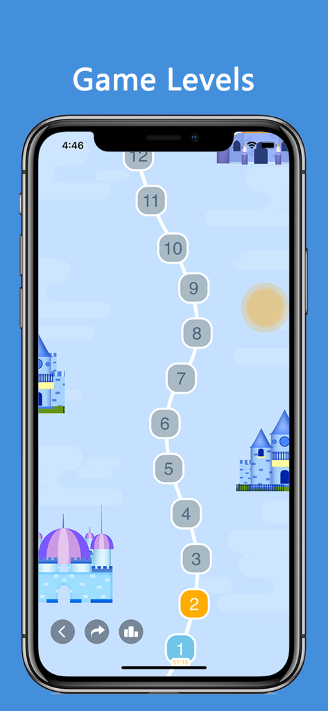 Killer Sudoku game level progression map showing a vertical path of levels with cartoon castle backgrounds on an iPhone screen.