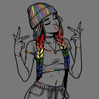 realistic teenage girl with braids and a beanie and crop top doing 🫶🏼