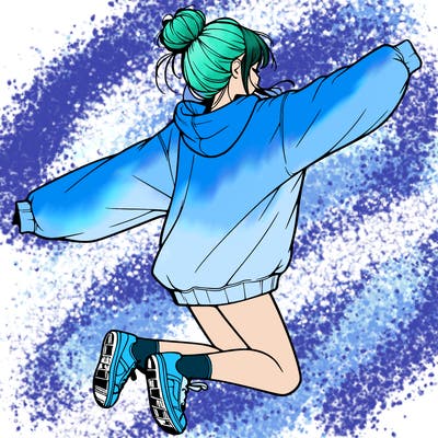 realistic girl jumping with a bun and oversized sweatshirt