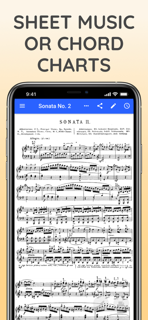 SongbookPro 앱이 스마트폰에서 클래식 피아노 악보를 표시하고 있습니다.
