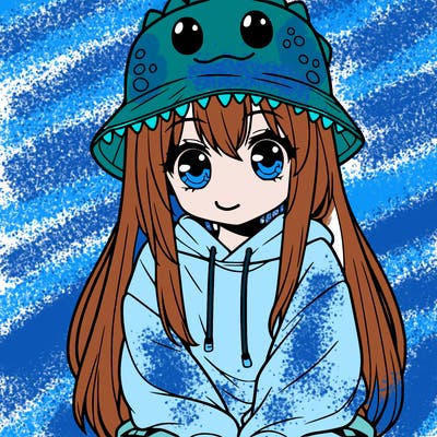girl with anime shaped eyes with a dinosaur bucket hat oversized sweatshirt long straight hair
