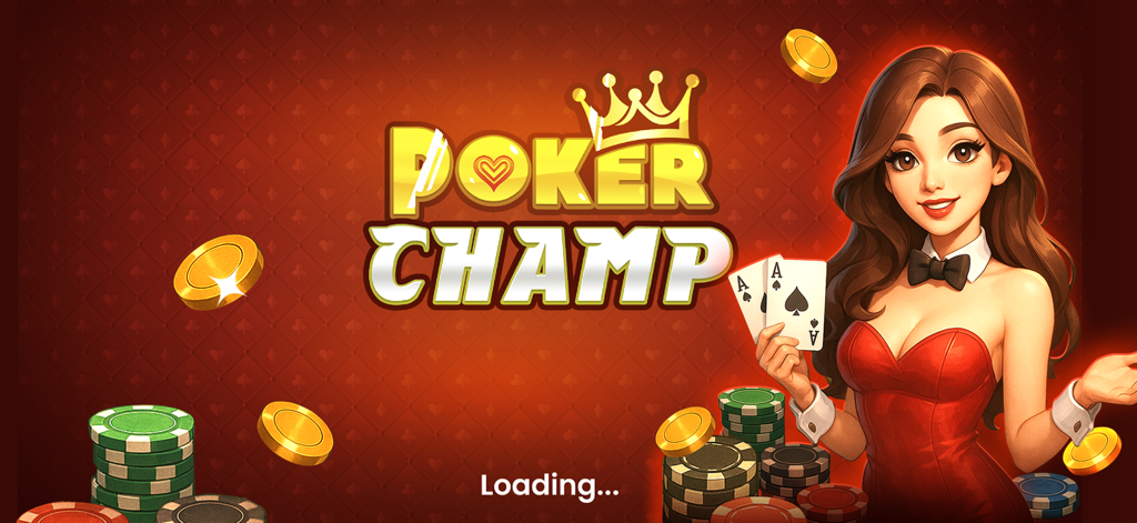 Poker Champ TexasHoldem Omaha - Poker Champ app loading screen with a female character holding ace cards and poker chips