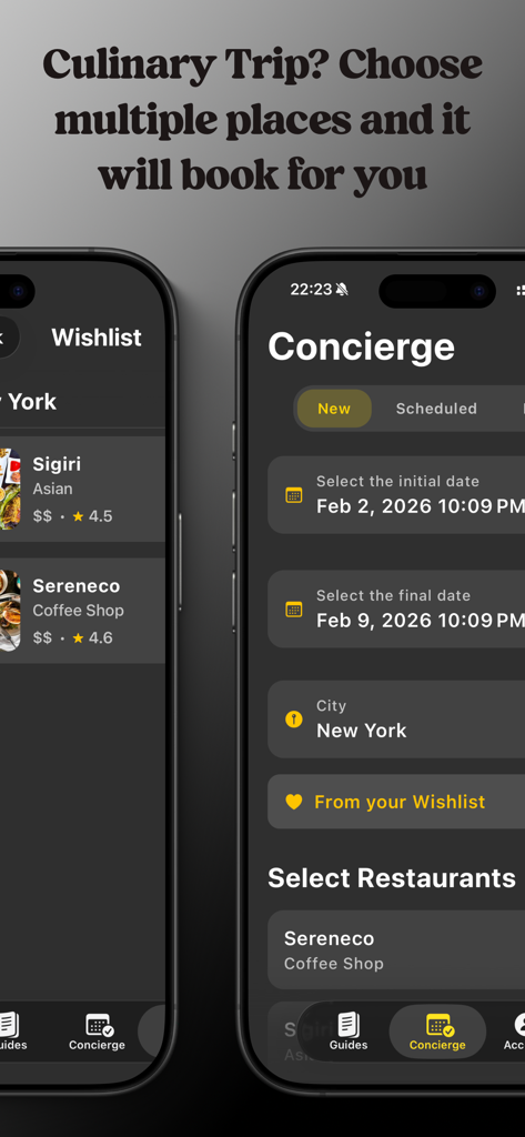 HotSpot - AI Reservations - HotSpot app interface showing wishlist and concierge screens for booking multiple restaurants