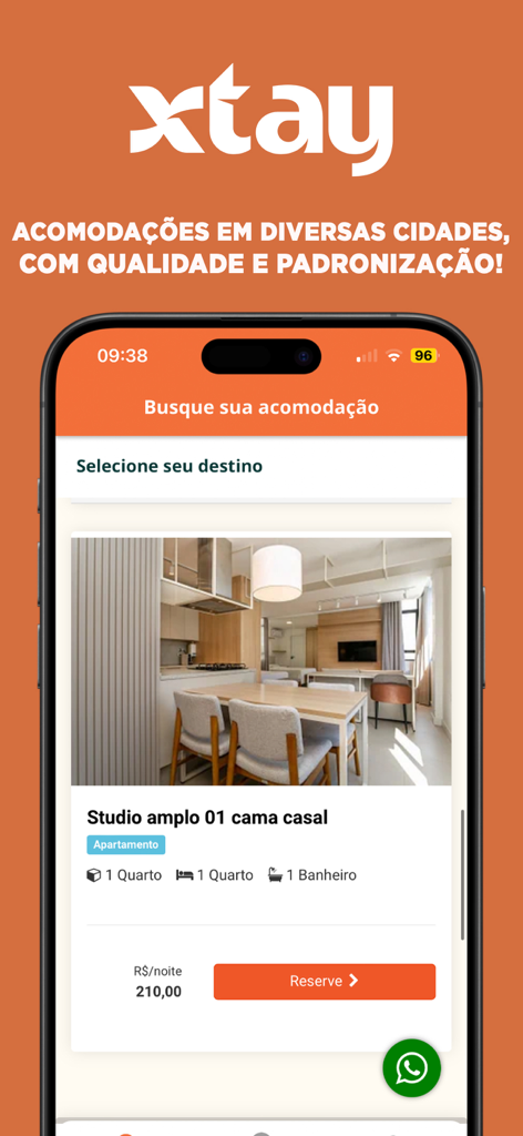 Xtay: Estadias Inteligentes - Mobile app interface for Xtay showing a studio apartment listing for flexible stays