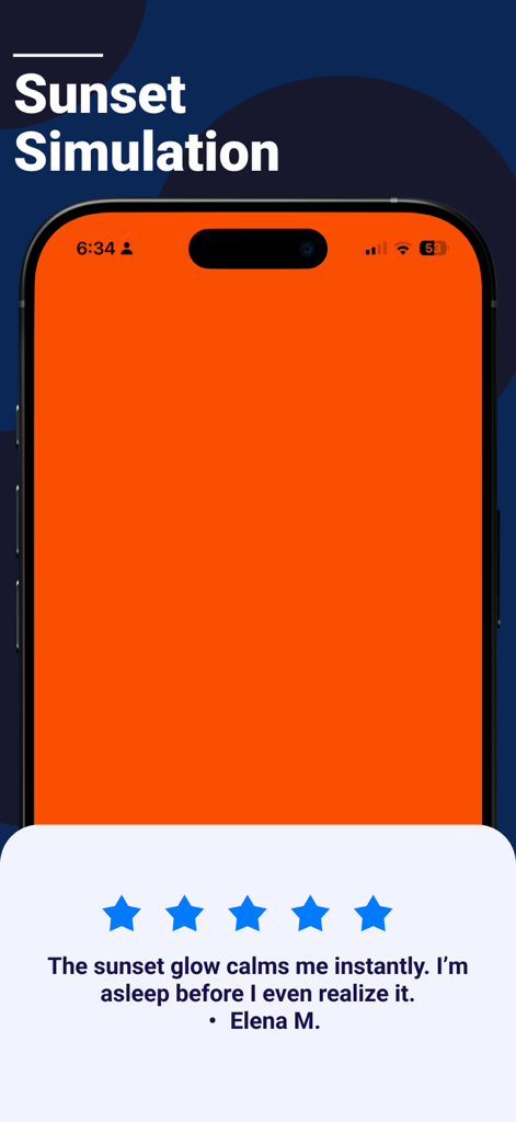 Sleep Schedule: Stop Scrolling - iPhone screen showing the orange sunset simulation glow feature with a user testimonial