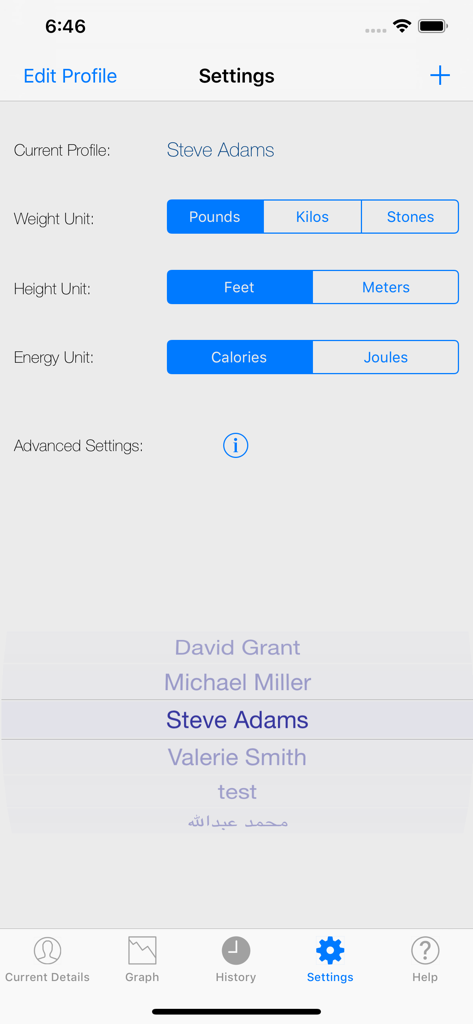 The settings screen of the Monitor Your Weight app showing unit selection and profile management options