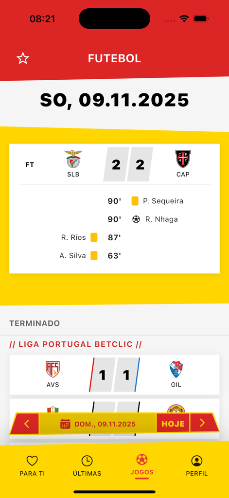 A BOLA - Schermata dell'app A BOLA che mostra i risultati delle partite di calcio e i punteggi della Liga Portugal