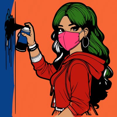realistic girl with mask spray painting a wall