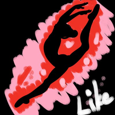 gymnast doing a leap in a leotard with a bent back leg