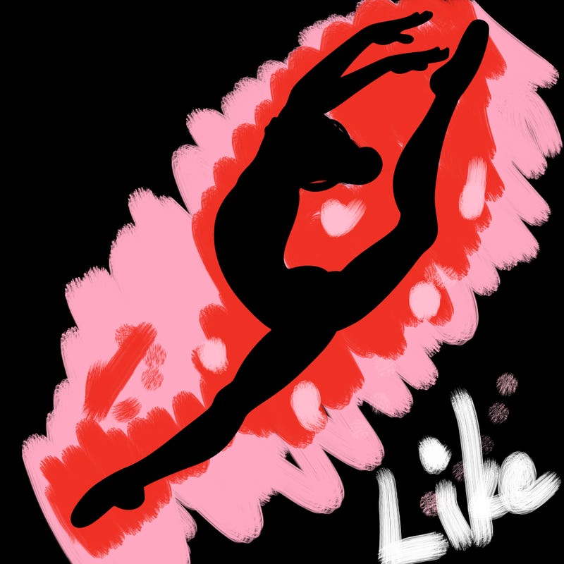 gymnast doing a leap in a leotard with a bent back leg