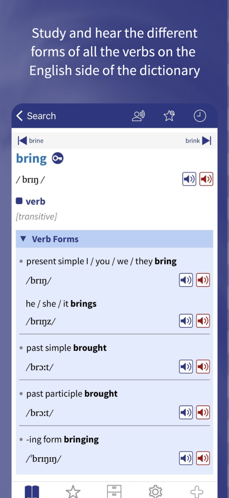 Oxford Learner’s Dictionaries - Oxford Learner's Dictionaries app interface showing English verb forms and pronunciation audio icons for the word bring.