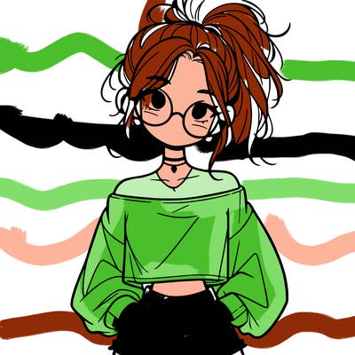 girl with a messy ponytail glasses a baggy crop top and jean shorts