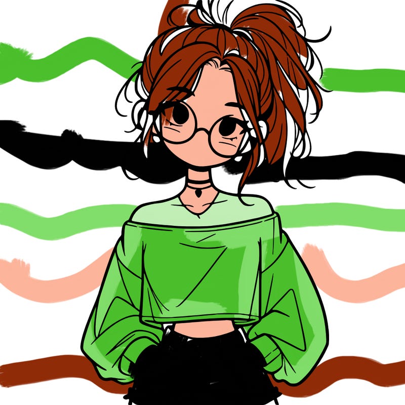 girl with a messy ponytail glasses a baggy crop top and jean shorts