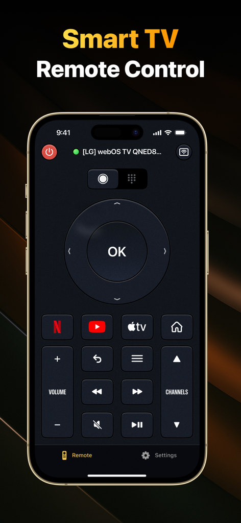 Smartphone screen displaying a universal smart TV remote control app with navigation and volume buttons