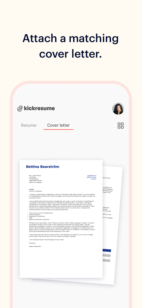 A preview of a professional cover letter in the Kickresume mobile app interface