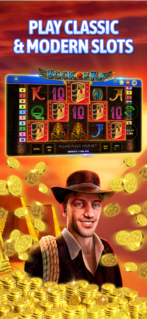 Bloom Boom Casino Online Slots - Interfaz del juego de tragamonedas Book of Ra deluxe con un personaje explorador y monedas de oro